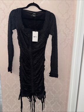 Nike Black Long Sleeve Lace Ruched Bodycon Dress by Riccardo Tisci